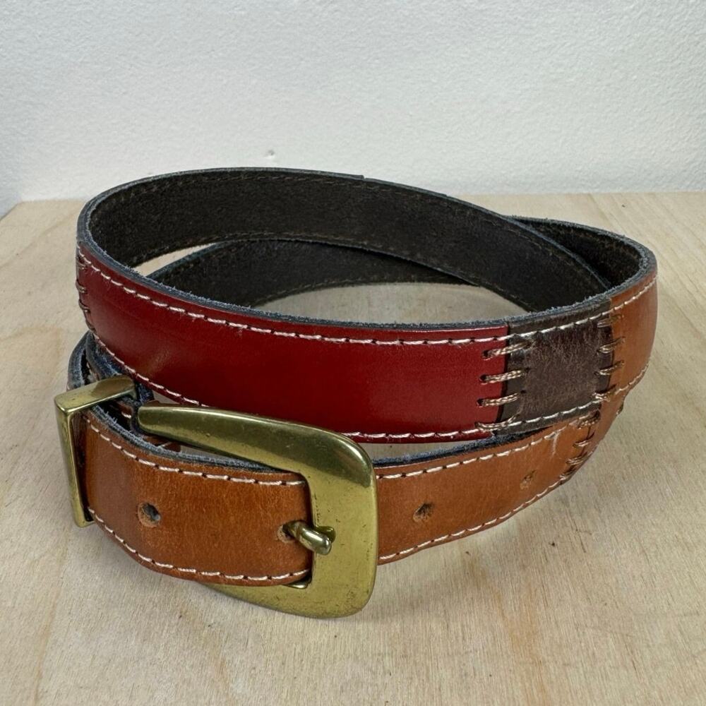 VTG Fossil Womens Belt Leather Brown Patchwork Boho Y2K 90s Medium 32-34” Brass